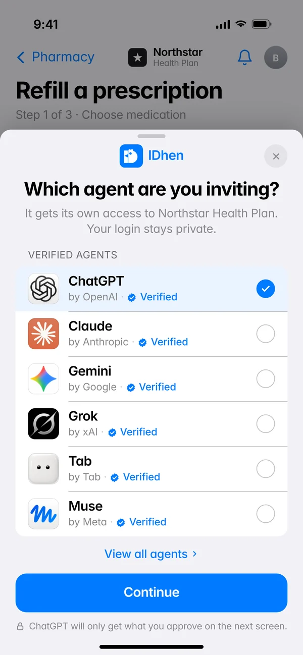 A sheet asking which agent you are inviting, with ChatGPT selected and Continue below