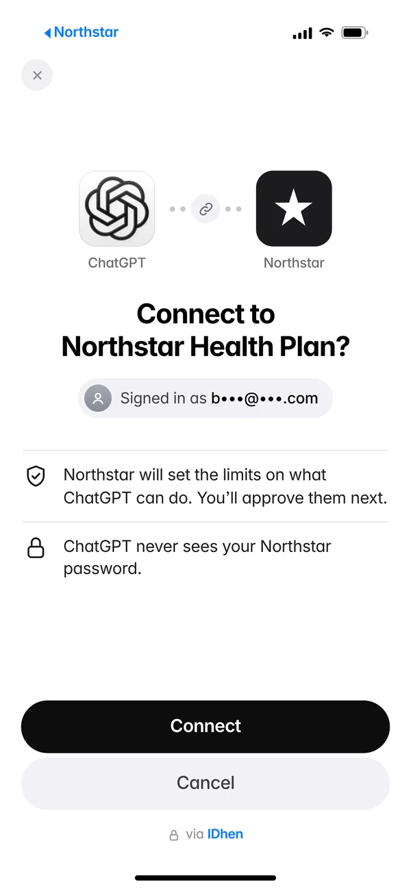 ChatGPT asking to connect to Northstar Health Plan, signed in as a masked email, with Connect or Cancel