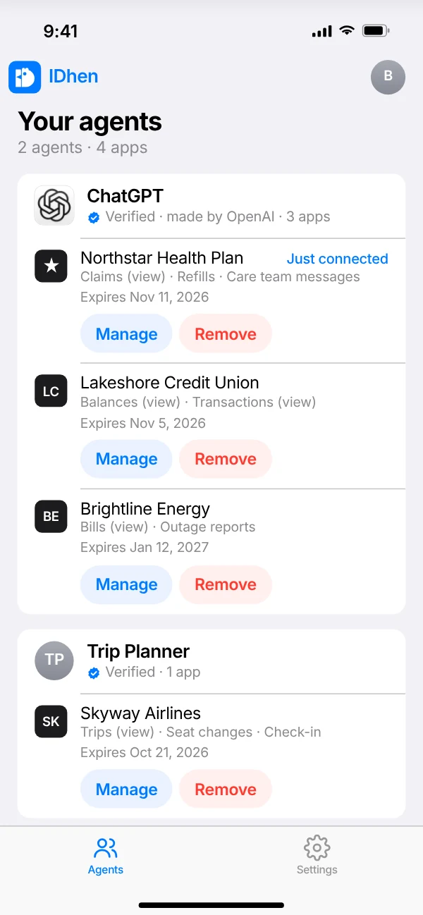 The Your agents screen in IDhen: ChatGPT just connected to Northstar Health Plan, plus agents in other apps, each with what it can do, when access expires, and Manage and Remove buttons, then Remove all agent access