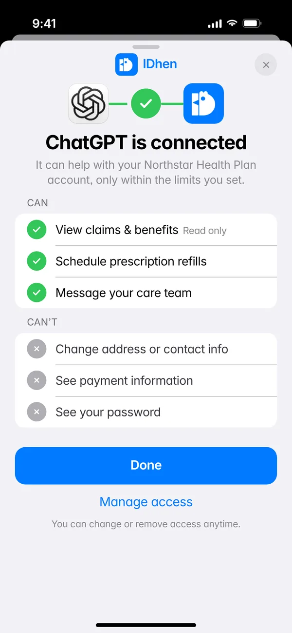 A success sheet saying ChatGPT is connected, with what it can and can’t do and when access expires